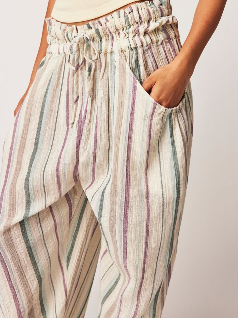 Free People Cream Striped Wide-Leg Drawstring Pants